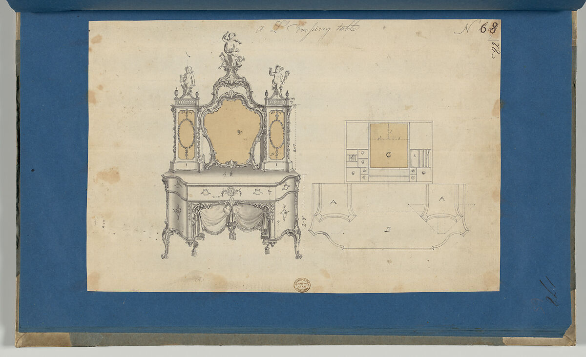 A Lady's Dressing Table, from Chippendale Drawings, Vol. II, Thomas Chippendale (British, baptised Otley, West Yorkshire 1718–1779 London), Black ink, gray wash, pale orange wash