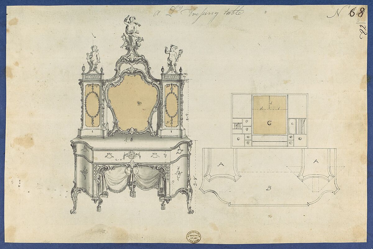 A Lady's Dressing Table, from Chippendale Drawings, Vol. II, Thomas Chippendale (British, baptised Otley, West Yorkshire 1718–1779 London), Black ink, gray wash, pale orange wash 