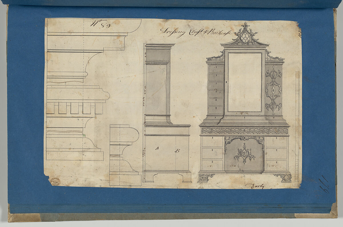 Dressing Chest and Bookcase, from Chippendale Drawings, Vol. II, Thomas Chippendale (British, baptised Otley, West Yorkshire 1718–1779 London), Black ink, gray wash