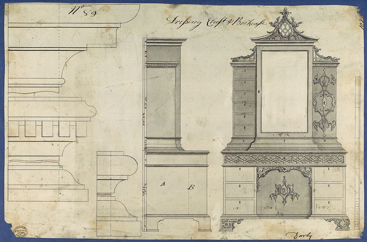 Dressing Chest and Bookcase, from Chippendale Drawings, Vol. II, Thomas Chippendale (British, baptised Otley, West Yorkshire 1718–1779 London), Black ink, gray wash 