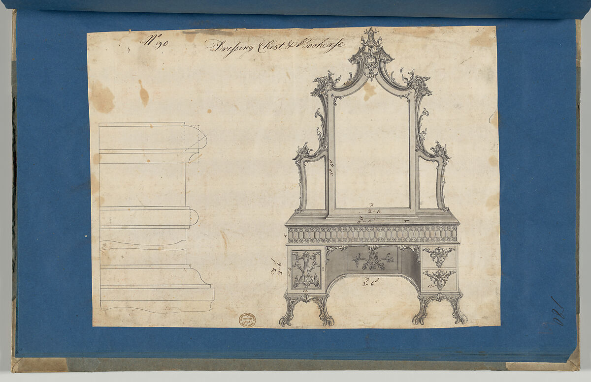 Dressing Chest and Bookcase, from Chippendale Drawings, Vol. II, Thomas Chippendale (British, baptised Otley, West Yorkshire 1718–1779 London), Black ink, gray wash 