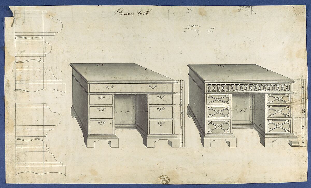 Bureau Tables, from Chippendale Drawings, Vol. II, Thomas Chippendale  British, Black ink, gray wash