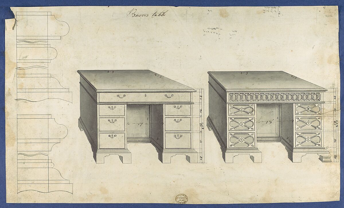 Bureau Tables, from Chippendale Drawings, Vol. II, Thomas Chippendale (British, baptised Otley, West Yorkshire 1718–1779 London), Black ink, gray wash 