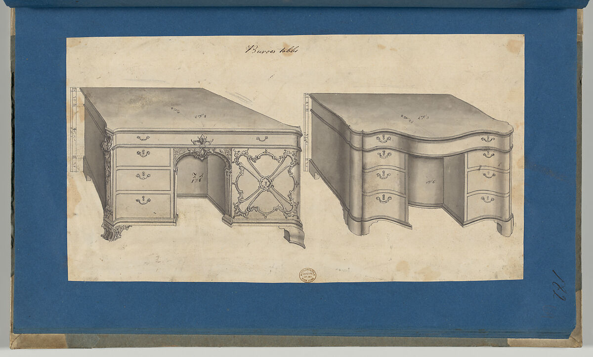 Bureau Tables, from Chippendale Drawings, Vol. II, Thomas Chippendale (British, baptised Otley, West Yorkshire 1718–1779 London), Black ink, gray wash