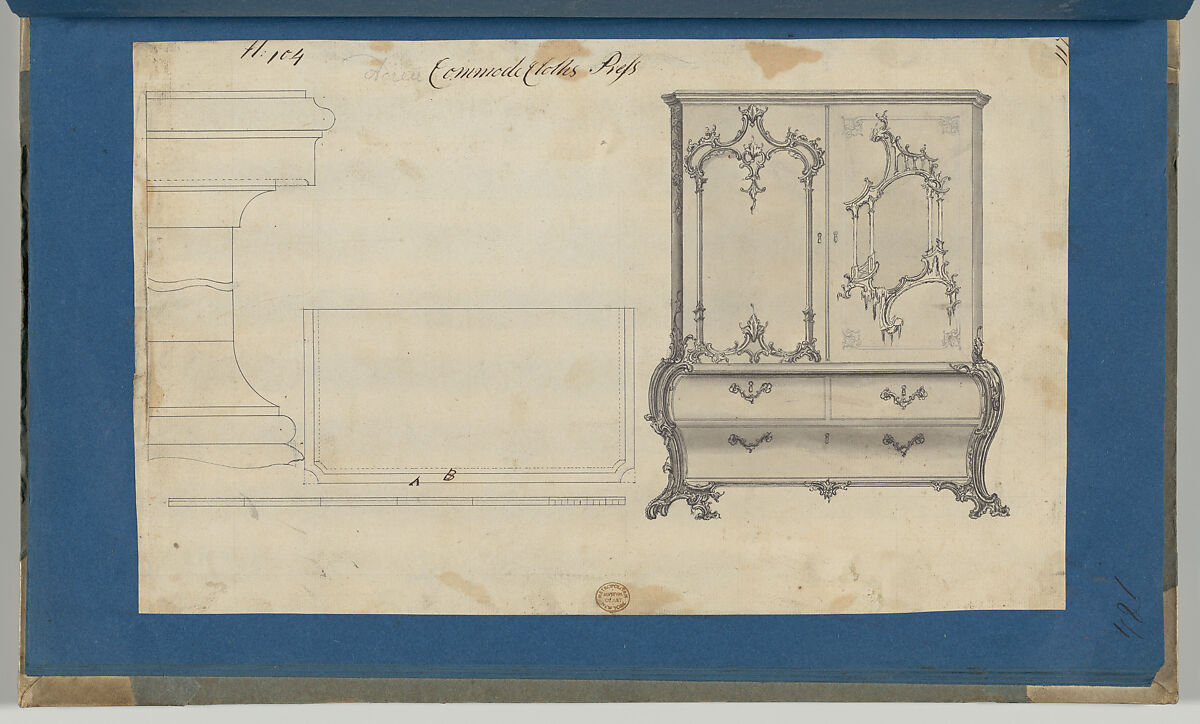 Commode Clothes Press, from Chippendale Drawings, Vol. II, Thomas Chippendale (British, baptised Otley, West Yorkshire 1718–1779 London), Black ink, gray wash, graphite
