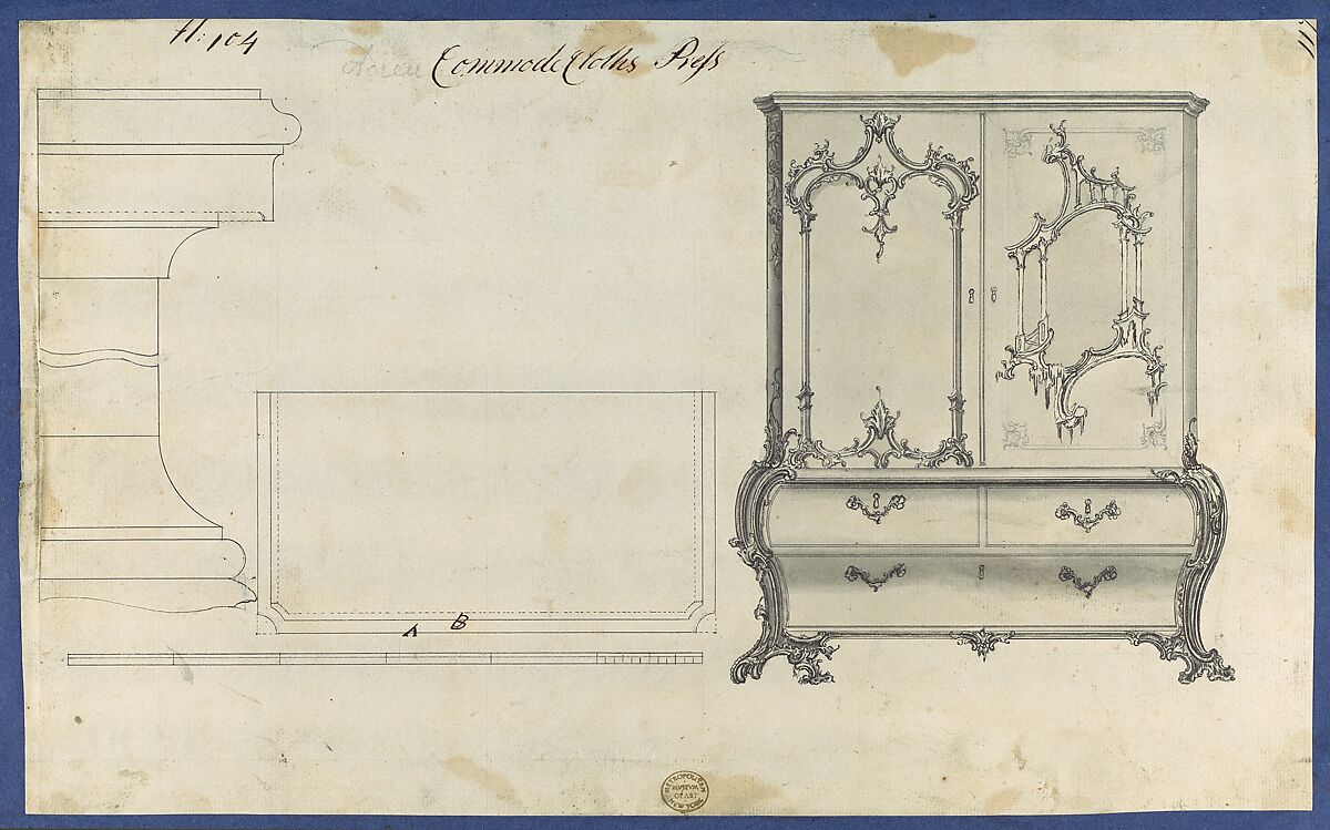 Commode Clothes Press, from Chippendale Drawings, Vol. II, Thomas Chippendale (British, baptised Otley, West Yorkshire 1718–1779 London), Black ink, gray wash, graphite 