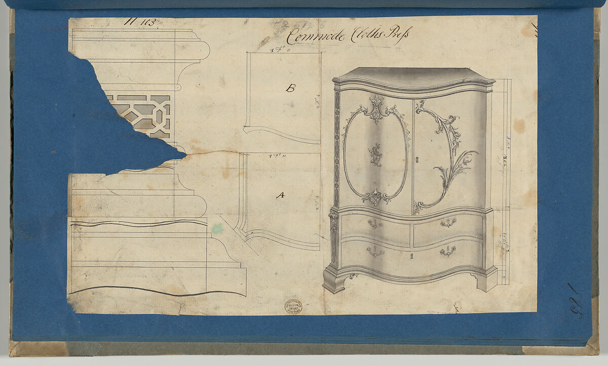 Commode Clothes Press, from Chippendale Drawings, Vol. II, Thomas Chippendale (British, baptised Otley, West Yorkshire 1718–1779 London), Black ink, gray wash