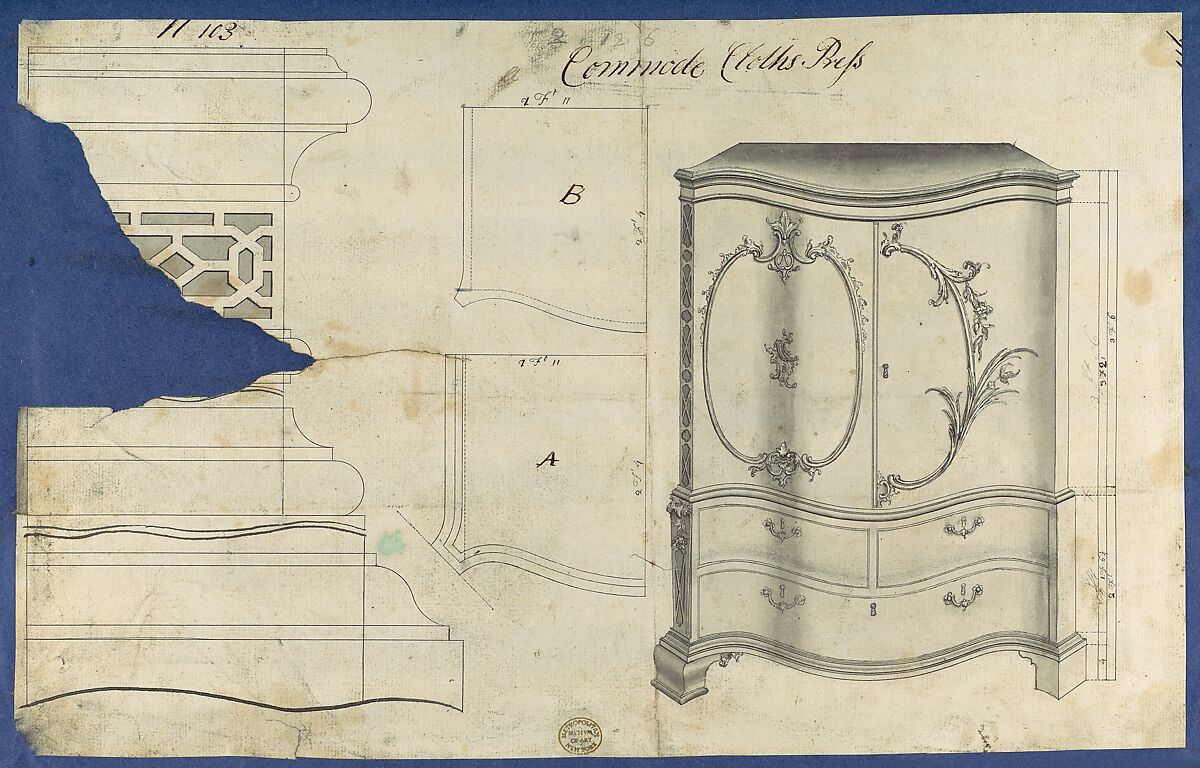 Commode Clothes Press, from Chippendale Drawings, Vol. II, Thomas Chippendale (British, baptised Otley, West Yorkshire 1718–1779 London), Black ink, gray wash 