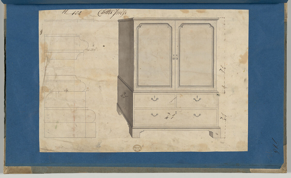 Clothes Press, from Chippendale Drawings, Vol. II, Thomas Chippendale (British, baptised Otley, West Yorkshire 1718–1779 London), Black ink, gray wash