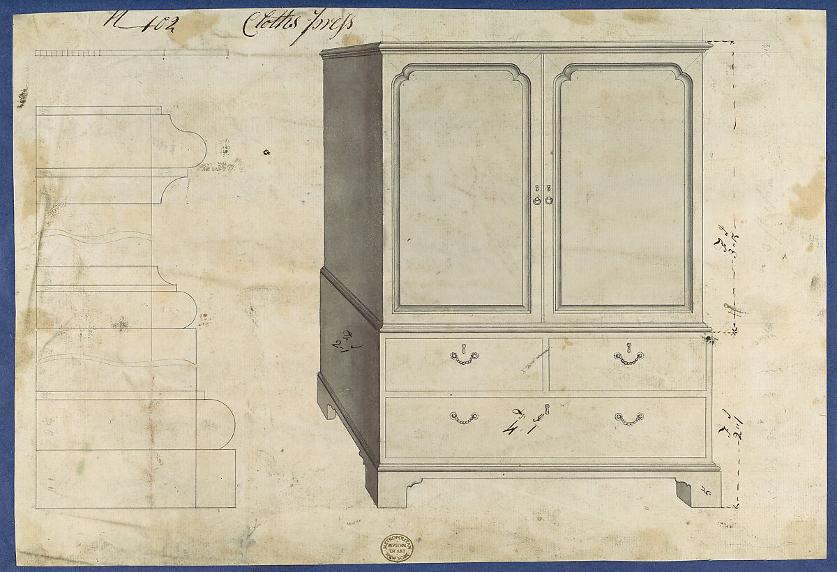 Clothes Press, from Chippendale Drawings, Vol. II, Thomas Chippendale (British, baptised Otley, West Yorkshire 1718–1779 London), Black ink, gray wash 