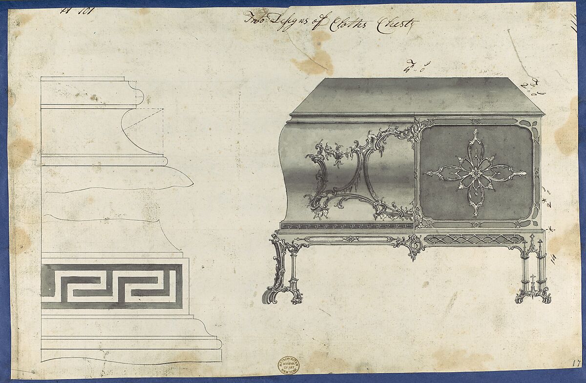 Two Designs for Clothes Chest, from Chippendale Drawings, Vol. II, Thomas Chippendale  British, Black ink, gray wash