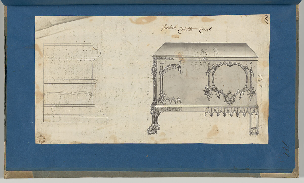 Gothic Clothes Chest, from Chippendale Drawings, Vol. II, Thomas Chippendale (British, baptised Otley, West Yorkshire 1718–1779 London), Black ink, gray wash
