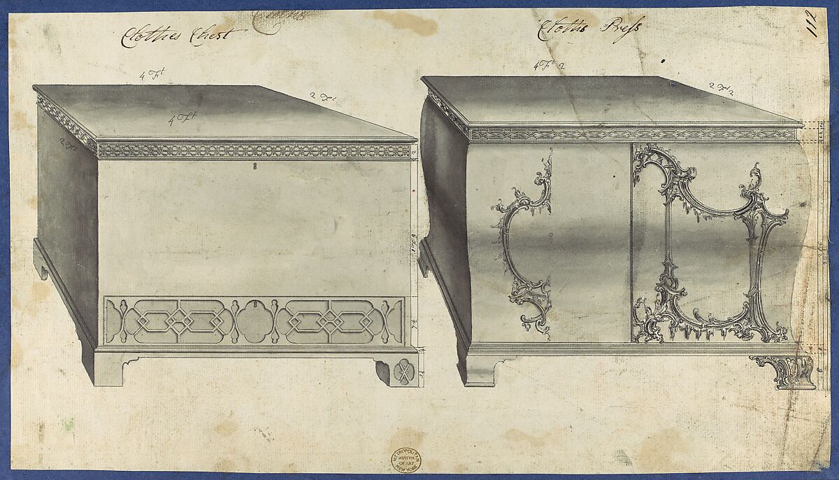 Clothes Chest and Clothes Press, from Chippendale Drawings, Vol. II, Thomas Chippendale (British, baptised Otley, West Yorkshire 1718–1779 London), Black ink, gray wash 