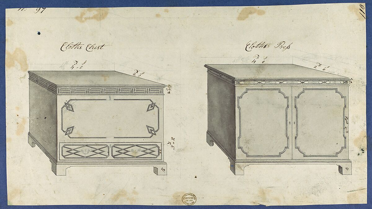 Clothes Chest and Clothes Press, from Chippendale Drawings, Vol. II, Thomas Chippendale  British, Pen and black ink, brush and gray wash