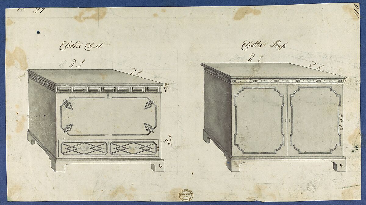 Clothes Chest and Clothes Press, from Chippendale Drawings, Vol. II, Thomas Chippendale (British, baptised Otley, West Yorkshire 1718–1779 London), Pen and black ink, brush and gray wash 