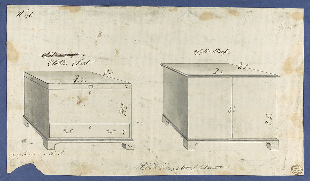 Clothes Chest and Clothes Press, from Chippendale Drawings, Vol. II, Thomas Chippendale (British, baptised Otley, West Yorkshire 1718–1779 London), Black ink, gray wash 
