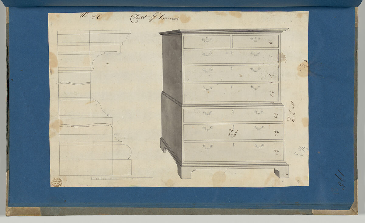 Chest of Drawers, from Chippendale Drawings, Vol. II, Thomas Chippendale (British, baptised Otley, West Yorkshire 1718–1779 London), Black ink, gray wash