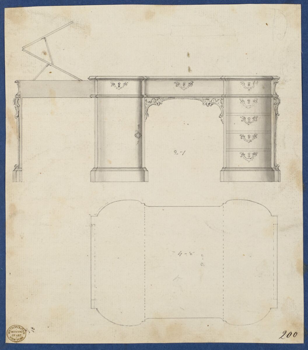 Writing Table, from Chippendale Drawings, Vol. II, Thomas Chippendale (British, baptised Otley, West Yorkshire 1718–1779 London), Pen and black ink, brush and gray wash 