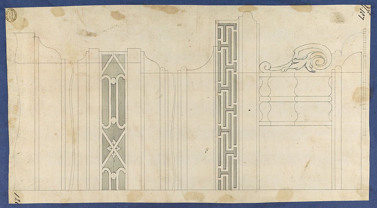 Moldings and Fretwork for China Case, from Chippendale Drawings, Vol. II, Thomas Chippendale (British, baptised Otley, West Yorkshire 1718–1779 London), Black ink, gray wash 