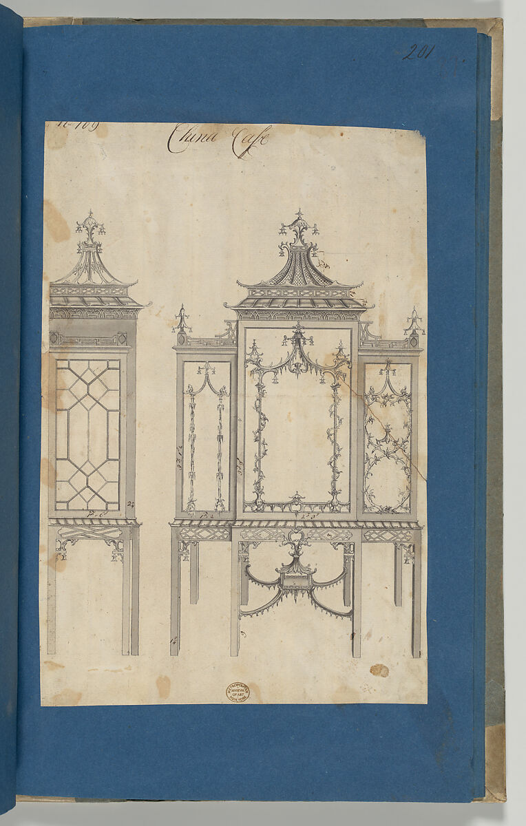 China Case, from Chippendale Drawings, Vol. II, Thomas Chippendale (British, baptised Otley, West Yorkshire 1718–1779 London), Pen and black ink, brush and gray wash