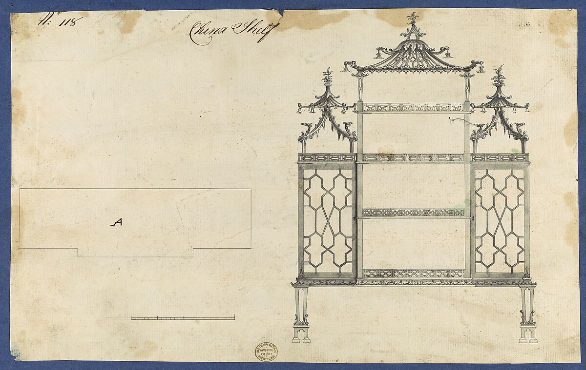 China Shelf, from Chippendale Drawings, Vol. II, Thomas Chippendale (British, baptised Otley, West Yorkshire 1718–1779 London), Pen and black ink, brush and gray wash 