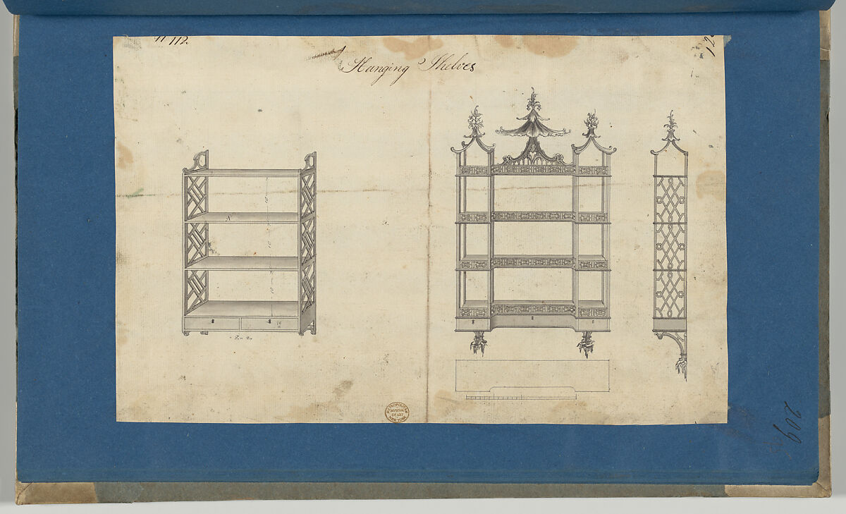 Hanging Shelves, from Chippendale Drawings, Vol. II, Thomas Chippendale (British, baptised Otley, West Yorkshire 1718–1779 London), Black ink, gray wash