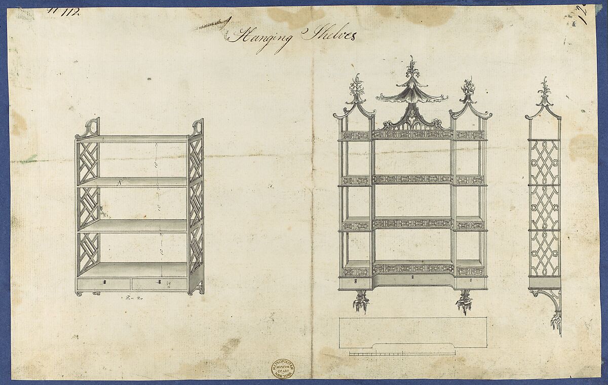 Hanging Shelves, from Chippendale Drawings, Vol. II, Thomas Chippendale (British, baptised Otley, West Yorkshire 1718–1779 London), Black ink, gray wash 