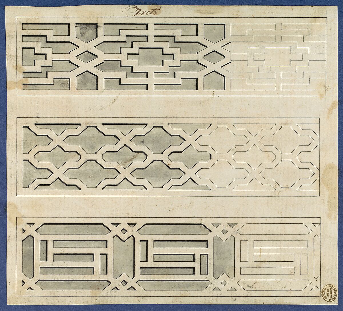 Frets, from Chippendale Drawings, Vol. II, Thomas Chippendale (British, baptised Otley, West Yorkshire 1718–1779 London), Black ink, gray wash 