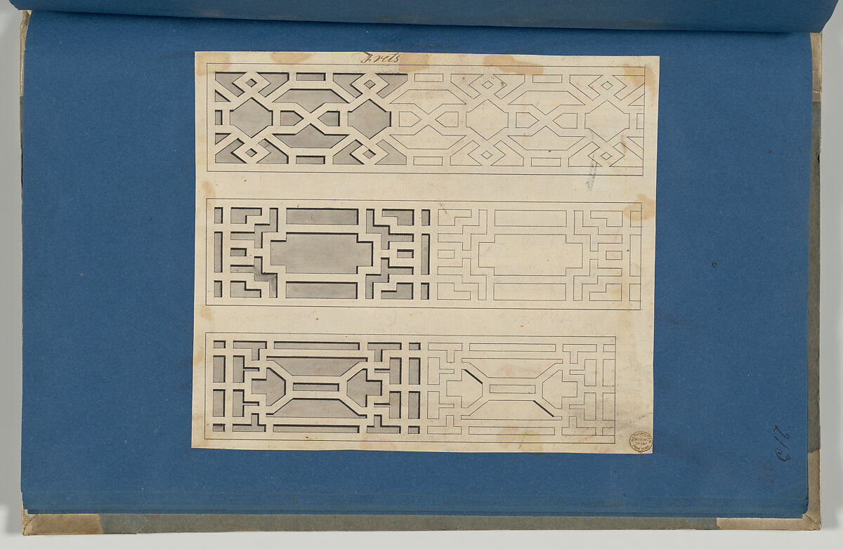 Frets, from Chippendale Drawings, Vol. II, Thomas Chippendale (British, baptised Otley, West Yorkshire 1718–1779 London), Black ink, gray wash