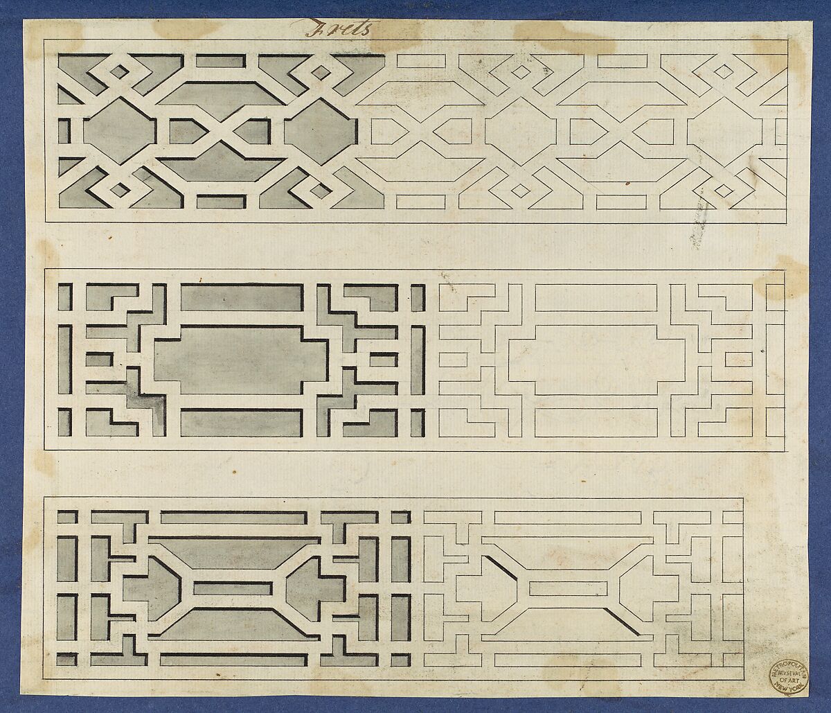 Frets, from Chippendale Drawings, Vol. II, Thomas Chippendale (British, baptised Otley, West Yorkshire 1718–1779 London), Black ink, gray wash 