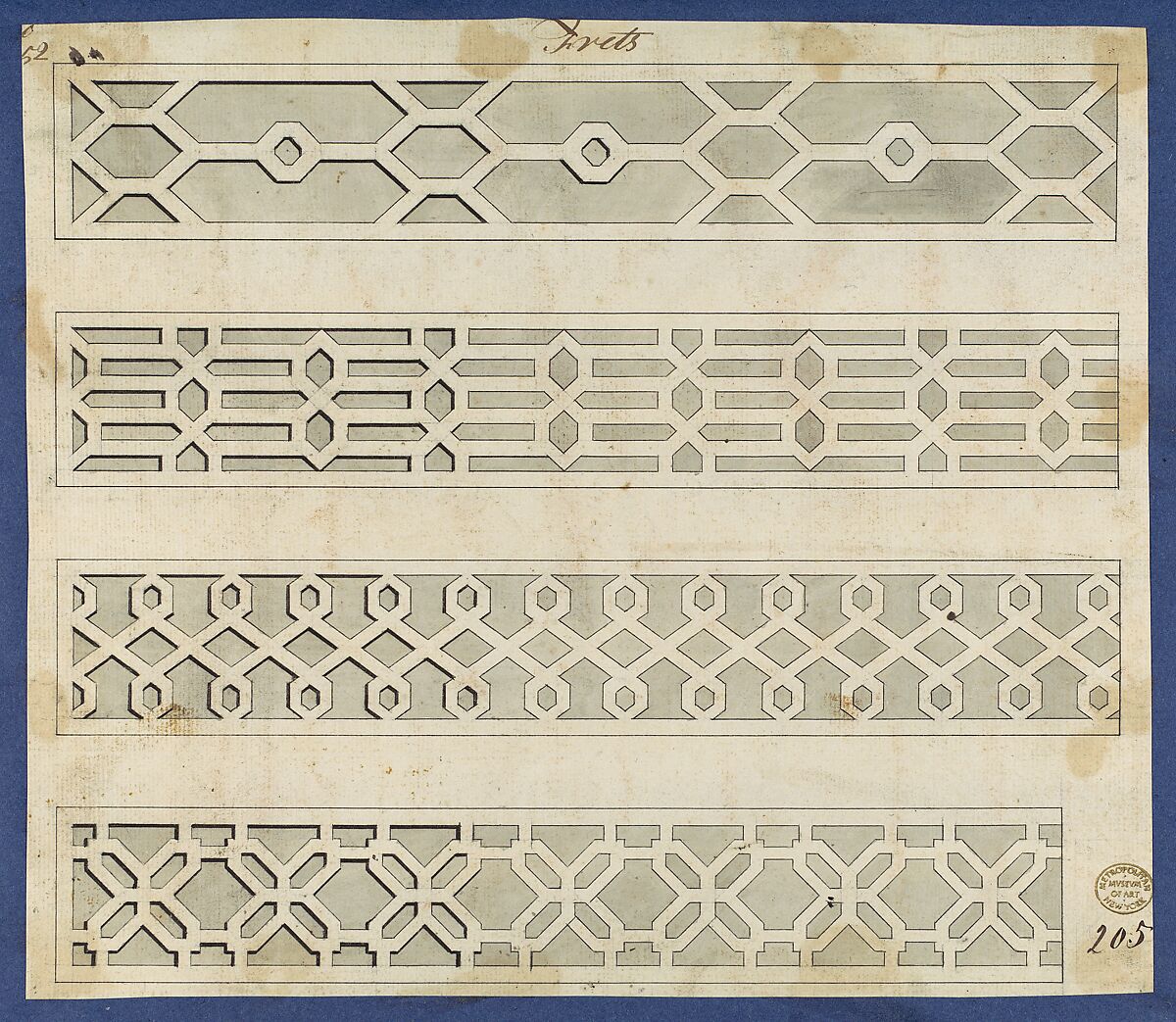 Frets, from Chippendale Drawings, Vol. II, Thomas Chippendale (British, baptised Otley, West Yorkshire 1718–1779 London), Black ink, gray wash 