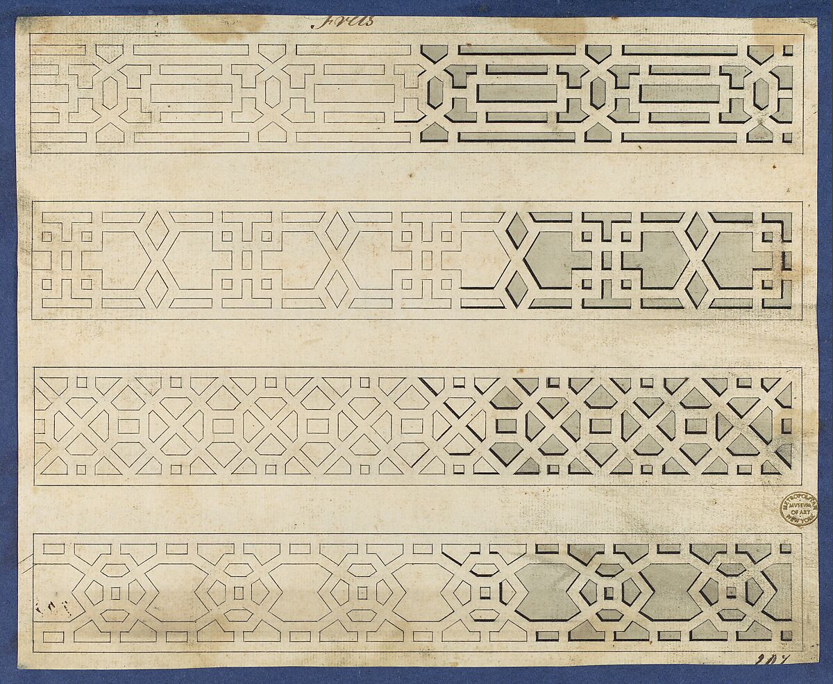 Frets, from Chippendale Drawings, Vol. II, Thomas Chippendale (British, baptised Otley, West Yorkshire 1718–1779 London), Black ink, gray wash 