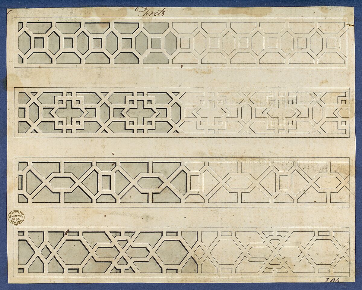 Frets, from Chippendale Drawings, Vol. II, Thomas Chippendale (British, baptised Otley, West Yorkshire 1718–1779 London), Black ink, gray wash 