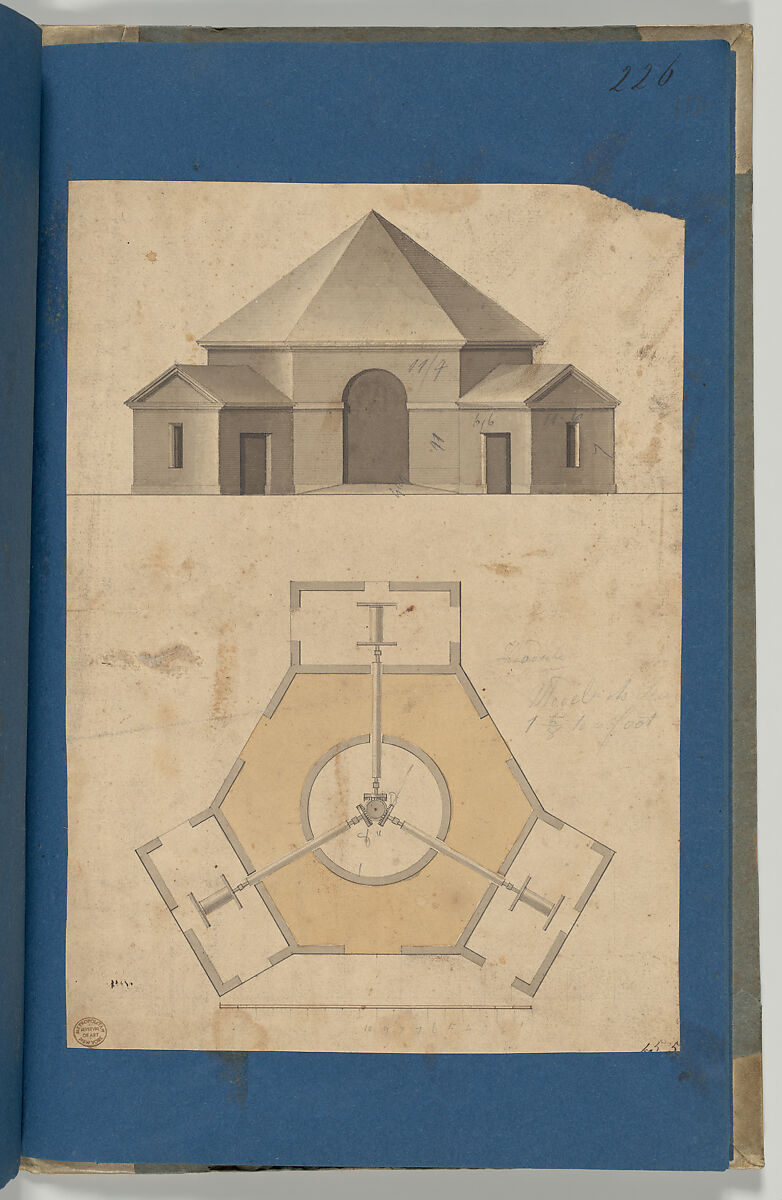 Outbuilding with Three Gears, from Chippendale Drawings, Vol. II, Thomas Chippendale (British, baptised Otley, West Yorkshire 1718–1779 London), Black ink, gray ink, gray and tan washes