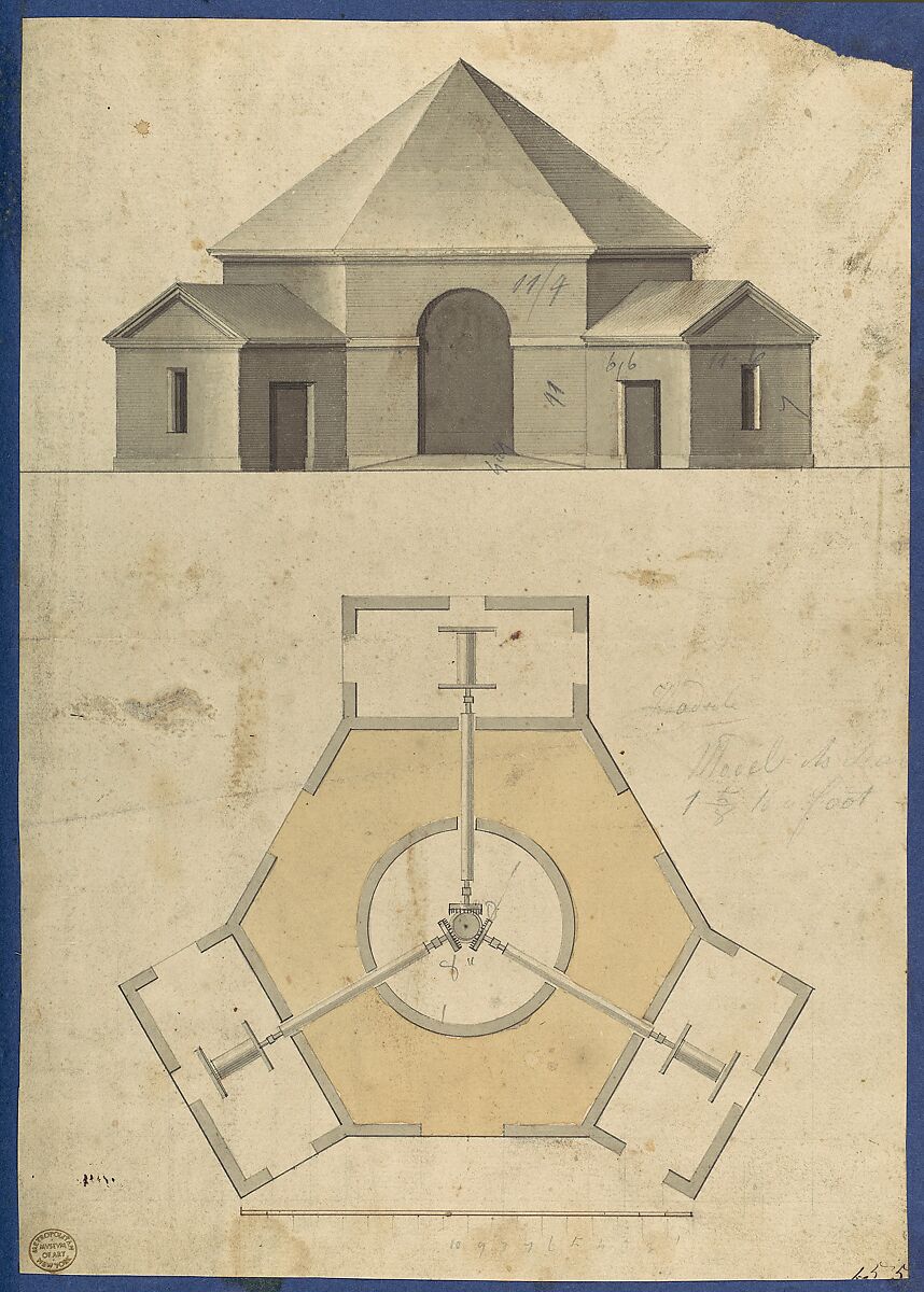 Outbuilding with Three Gears, from Chippendale Drawings, Vol. II, Thomas Chippendale (British, baptised Otley, West Yorkshire 1718–1779 London), Black ink, gray ink, gray and tan washes 