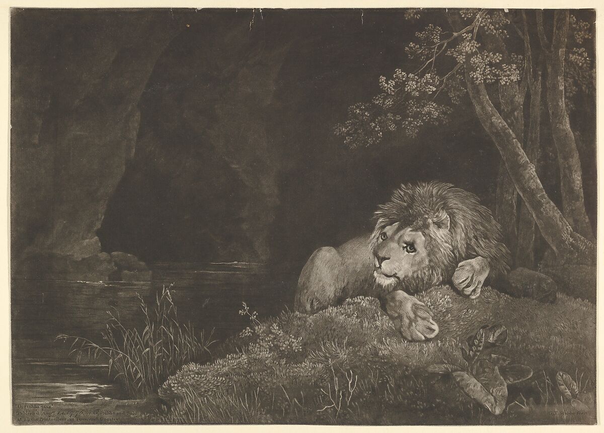 The Lyon (Recumbent Lion by a Pool), George Townley Stubbs (British, Liverpool 1756–1815), Mezzotint; third state of three 