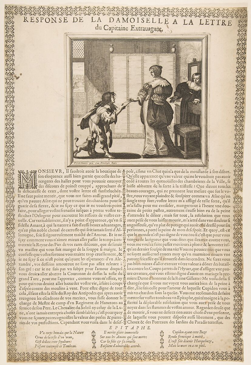 Young Lady's Reply to the Captain's Letter, Abraham Bosse (French, Tours 1602/04–1676 Paris), Etching; second state of two 