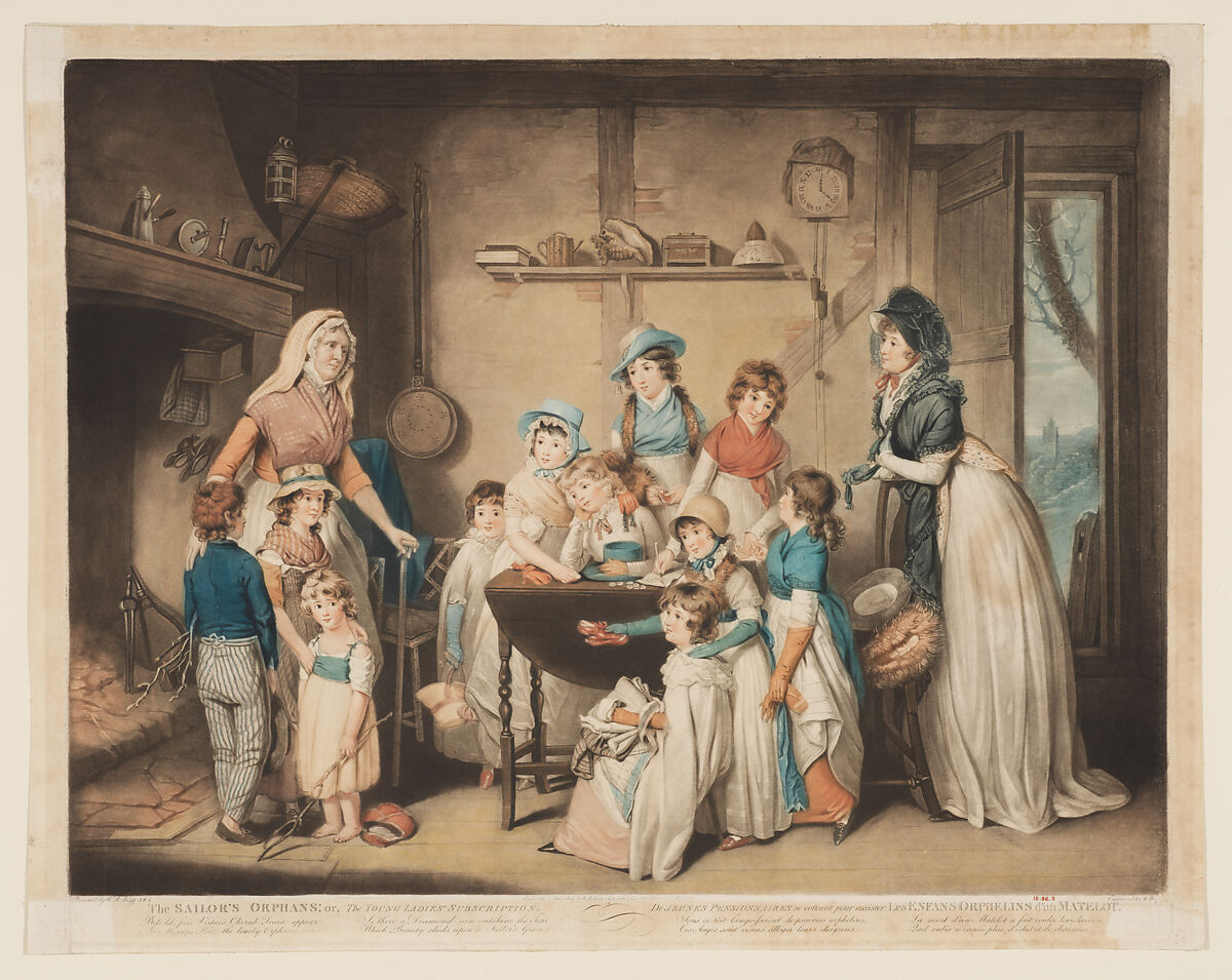 The Sailor's Orphans, or the Young Ladies' Subscription, William Ward (British, London 1766–1826 London), Hand-colored mezzotint 
