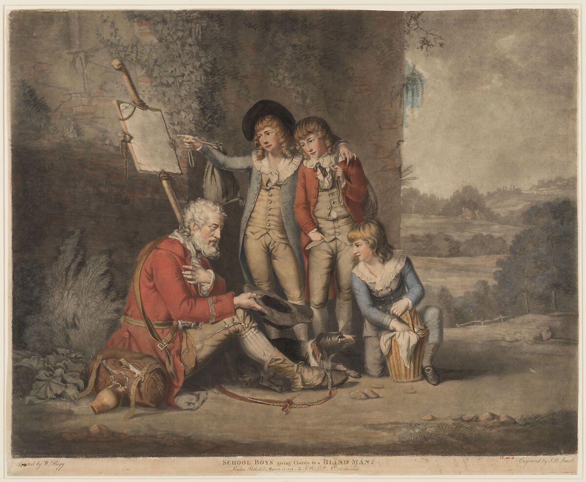 Schoolboys Giving Charity to a Blind Man, John Raphael Smith (British, baptized Derby 1751–1812 Doncaster), Hand-colored mezzotint; second state 