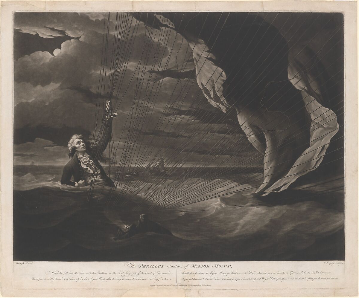 The Perilous Situation of Major Mony, When He Fell into the Sea with His Balloon on the 23rd of July, 1785, Off the Coast of Yarmouth; Most Providentially Discovered and Taken Up by the Argus Sloop, After Having Remained in the Water During Five Hours, John Murphy (Irish, active 1778–1817, died after 1820 London), Mezzotint; second state of two 