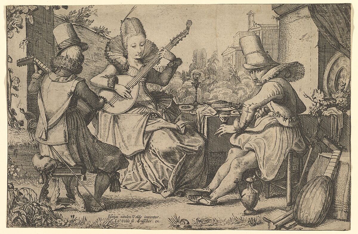 Two Elegantly Dressed Men and a Woman in a Garden, Jan van de Velde II (Dutch, Rotterdam or Delft ca. 1593–1641 Enkhuizen), Etching and engraving 