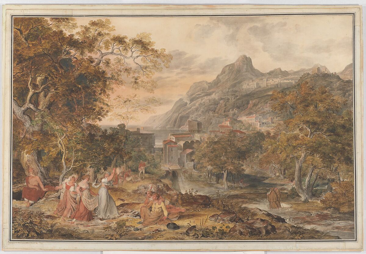 View of Vietri with Young Country Women Dancing for Shepherds in the Foreground, Joseph Anton Koch  Austrian, Dark gray ink, watercolor, gouache, black chalk, black ink