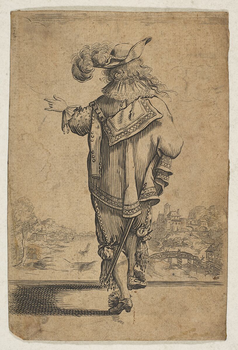 Gentleman Seen from the Back Indicating a Landscape, Anonymous, French, 17th century, Etching; reverse copy 