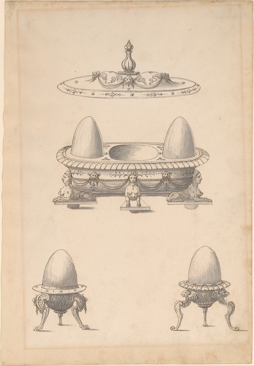 Design for Parade Egg Cups and Combined Egg Cup/Salt Cellar with Lid, Erasmus Hornick (Netherlandish, Antwerp ca. 1520–1583 Prague), Pen and ink, brush and wash 