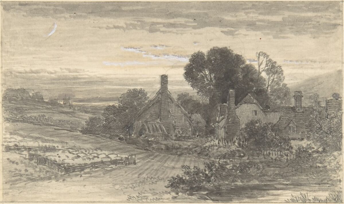 Landscape with Cottages and a Sheepcot, Anonymous, British, 19th century, Brush and wash, touches of gouache (bodycolor), over graphite, on card 