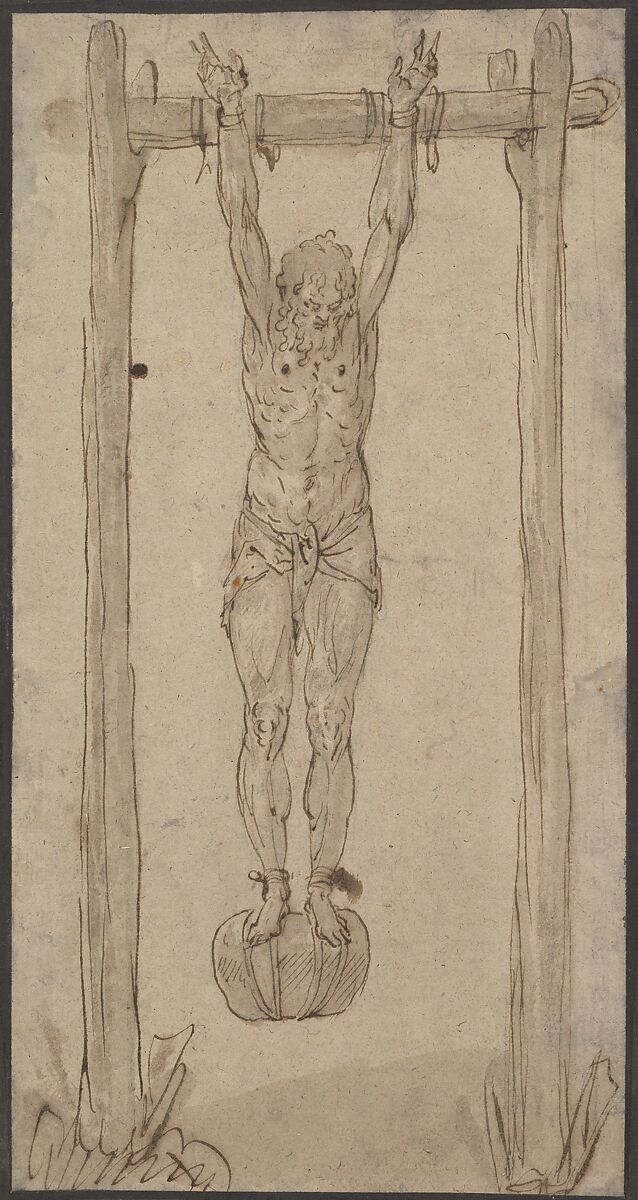 A Man Hanging by His Arms (the Corpse of the King?), Circle of Frans Floris I (Netherlandish, Antwerp 1519/20–1570 Antwerp) (?), Pen and brown ink, brush and brown wash. Broad framing line in pen and black ink 