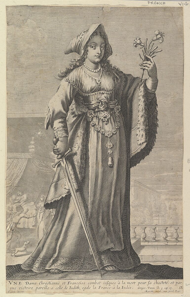A French Christian Woman (Une Dame Chrétienne et Française), Gilles Rousselet (French, Paris 1614–1686 Paris), Engraving (figure by Rousselet) and etching (background by Bosse) 
