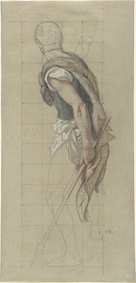 Study of a Soldier, Victor-François-Eloi Biennourry (French, Bar-sur-Aube 1823–1893 Paris), Conté crayon, red chalk, and pastel, heightened with white, on pale buff paper; squared in conté crayon 