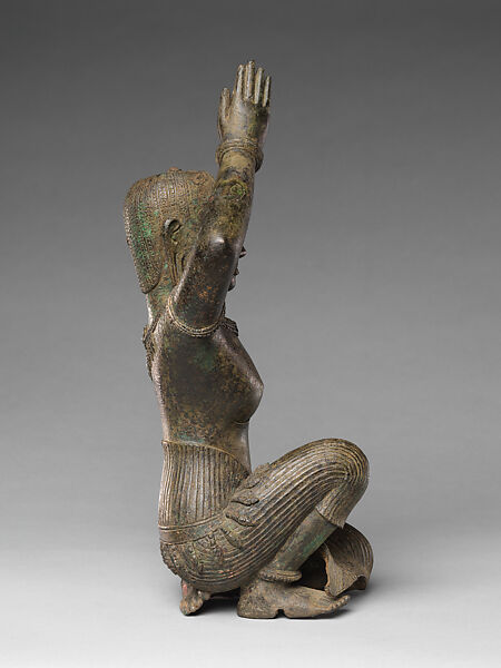 Kneeling Female Figure, Bronze inlaid with silver, traces of gold, Thailand