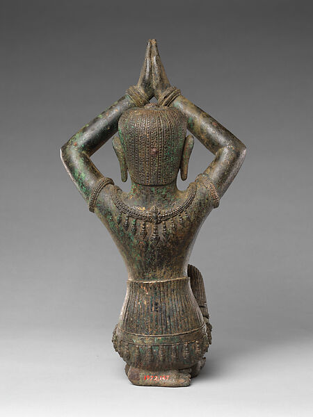 Kneeling Female Figure, Bronze inlaid with silver, traces of gold, Thailand